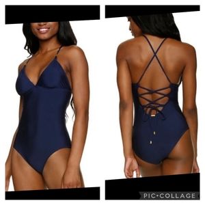 Helen Jon Navy Lattice Back One Piece Swimsuit Bathingsuit  Swimwear Large